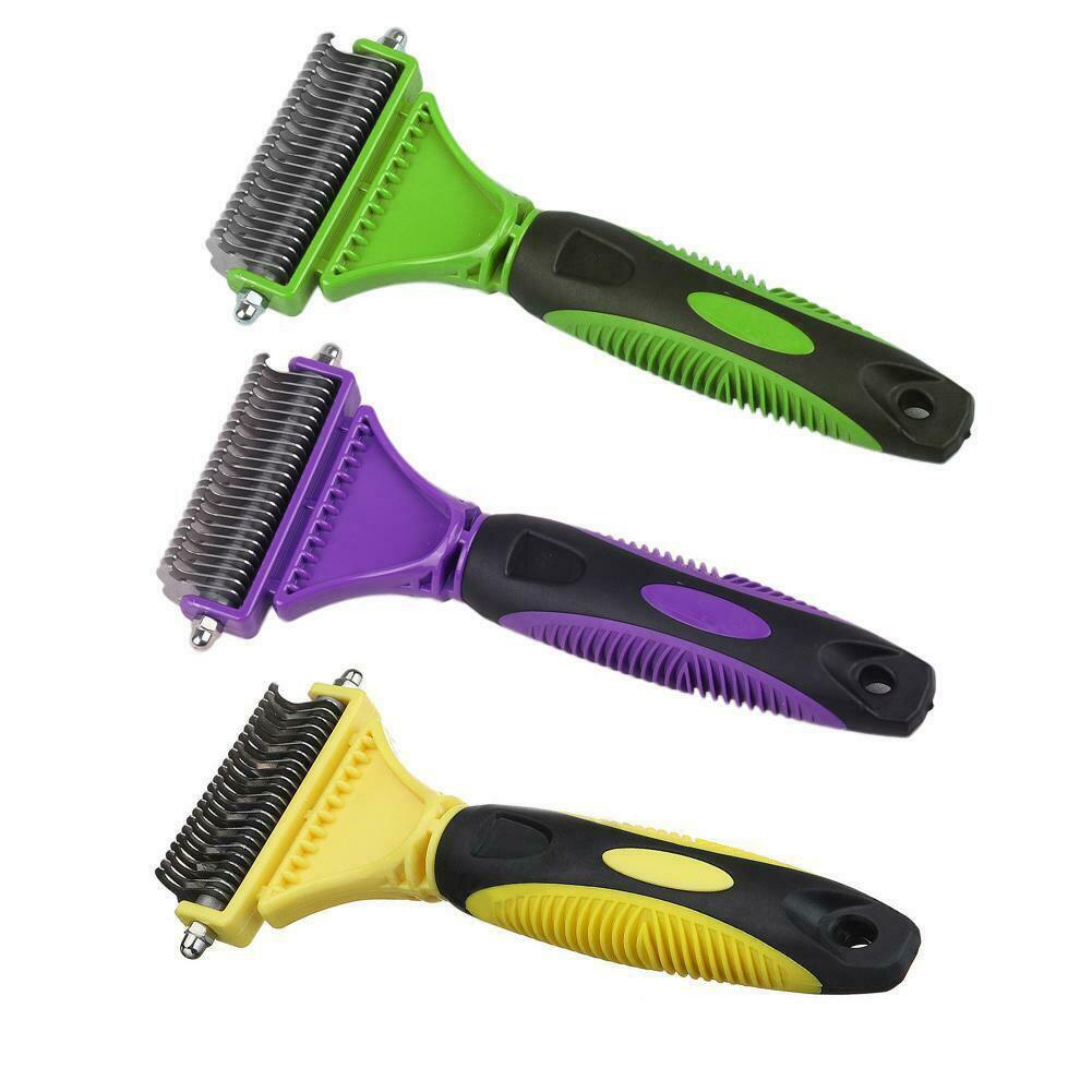 Double-sided dematting grooming rake in green, purple and yellow