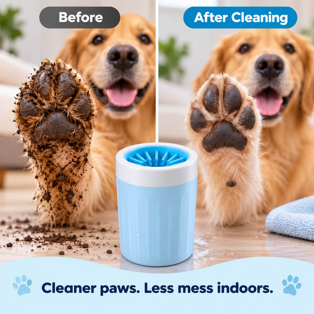 Before and after muddy dog paw cleaning