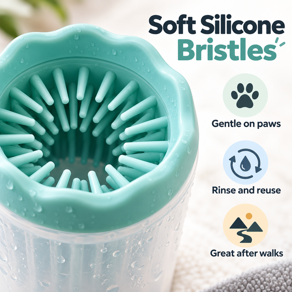 Close-up of soft silicone bristles in the dog paw cleaner