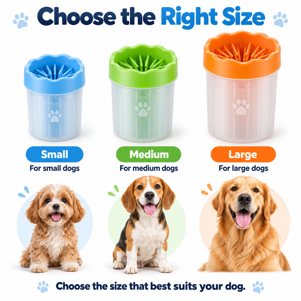 Dog paw cleaner size guide for small, medium and large dogs