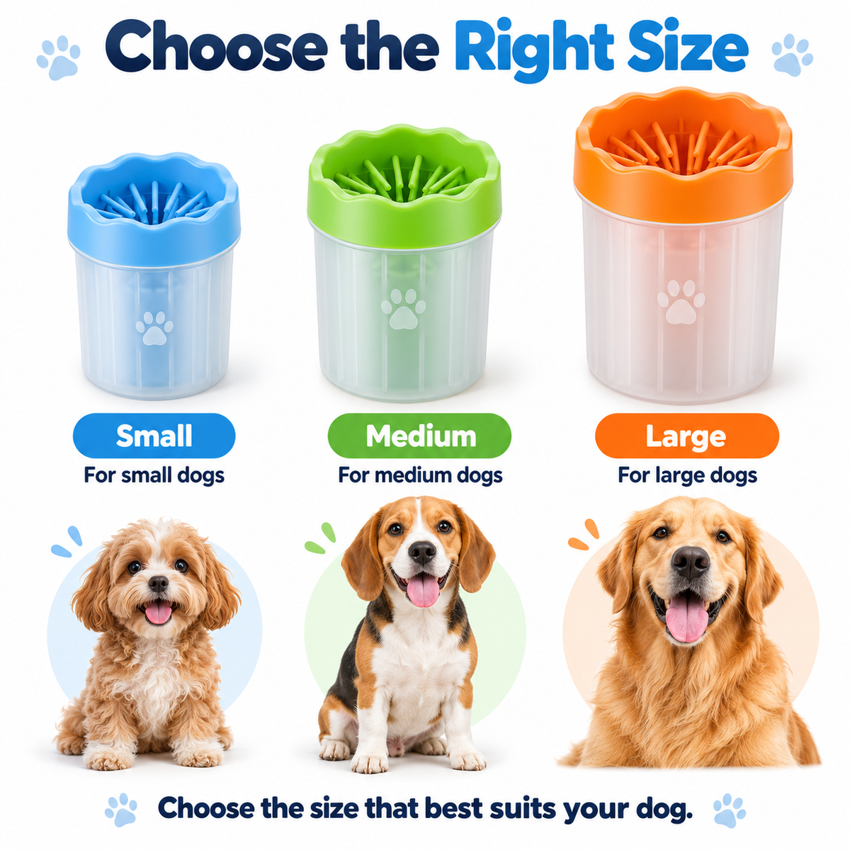 Dog paw cleaner size guide for small, medium and large dogs