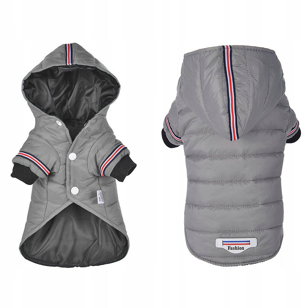 Grey hooded winter dog coat shown from front and back