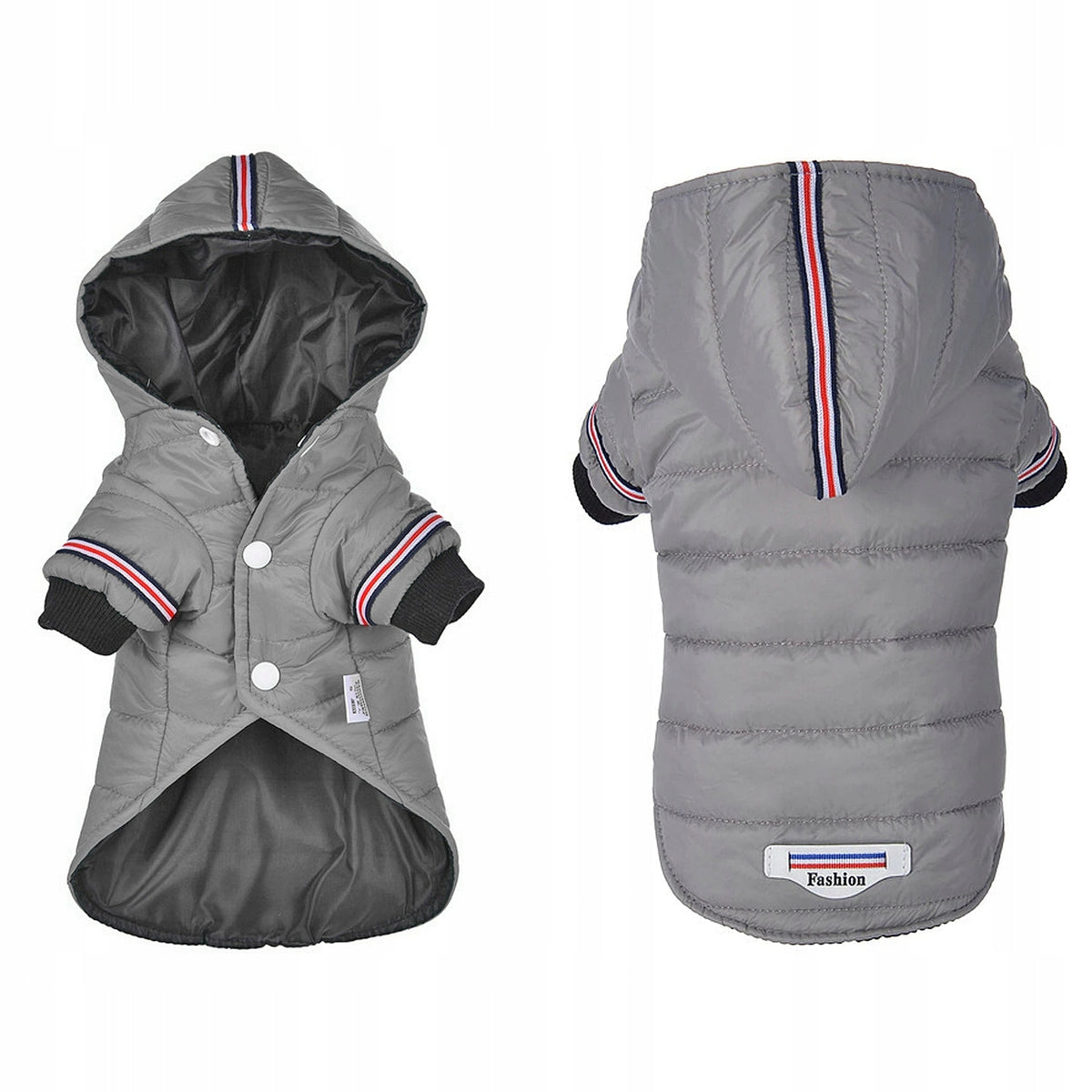 Grey hooded winter dog coat shown from front and back