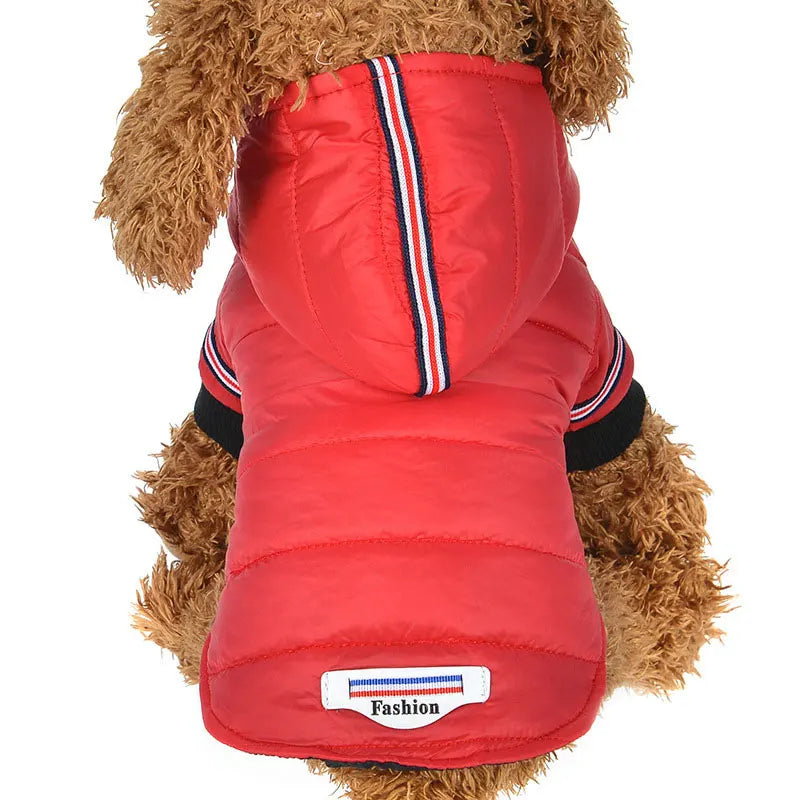 Red hooded winter dog coat shown from the back