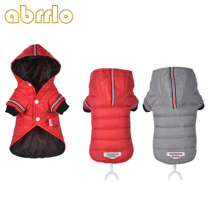 Red and grey hooded winter dog coats with snap buttons and striped cuffs